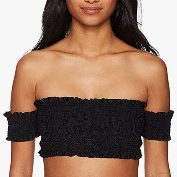 ️NWOT Body Glove Black Ruffle Off Shoulder Fitted Crop Top Bandeau Size Small