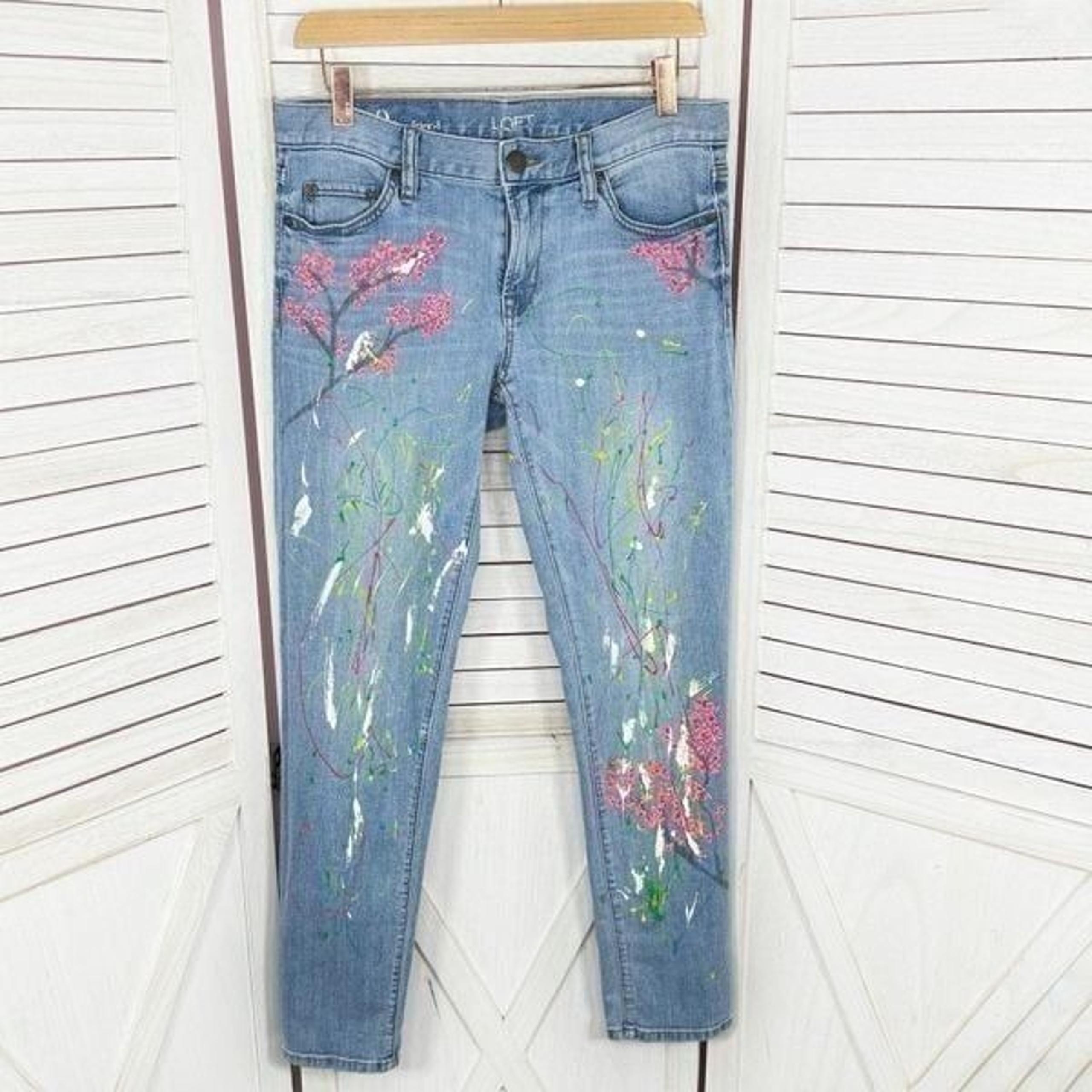 Loft Hand Painted Boyfriend Jeans Blue Multi 0 Ankle Cherry Blossom Custom