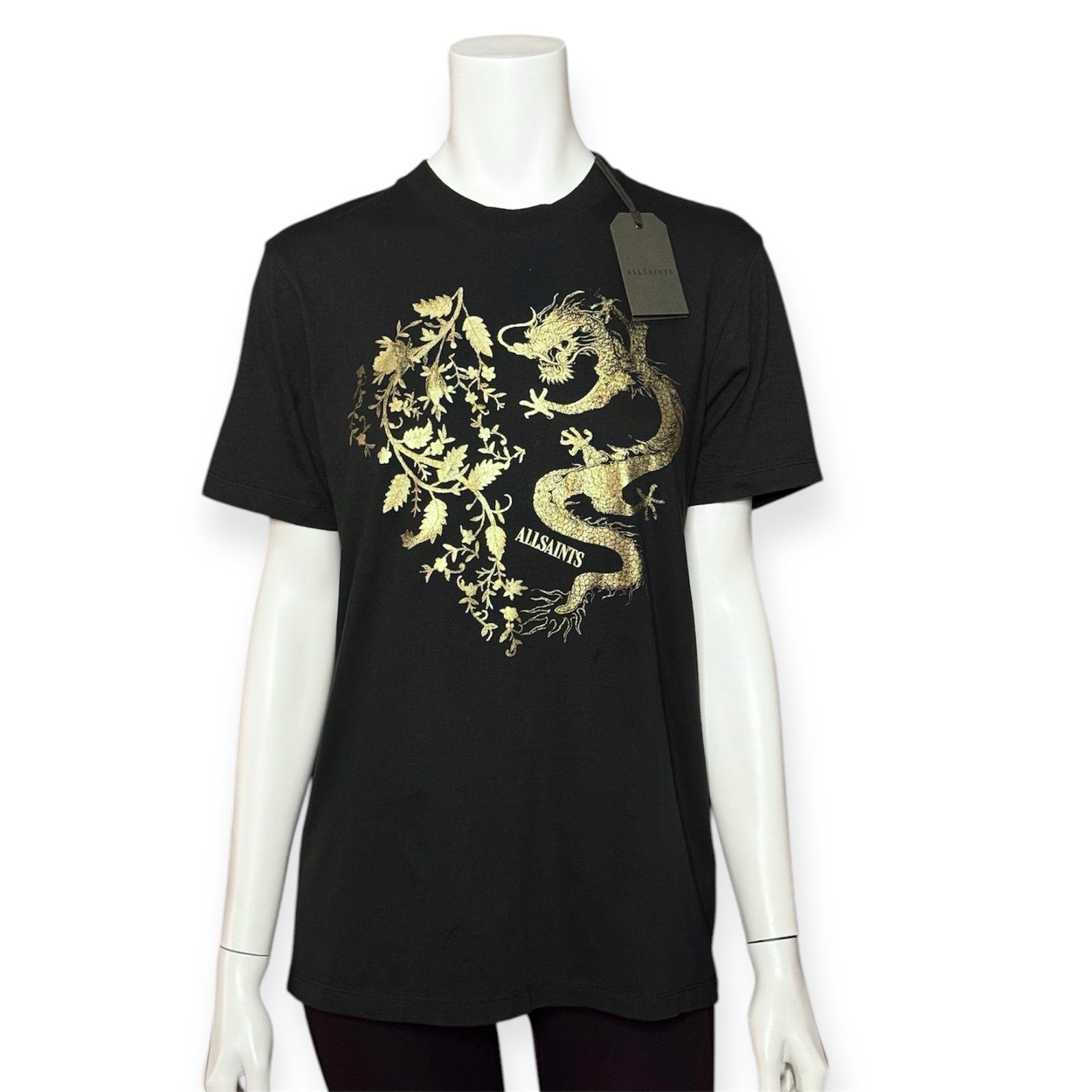 AllSaints Black Auru T-Shirt with Gold Dragon Print