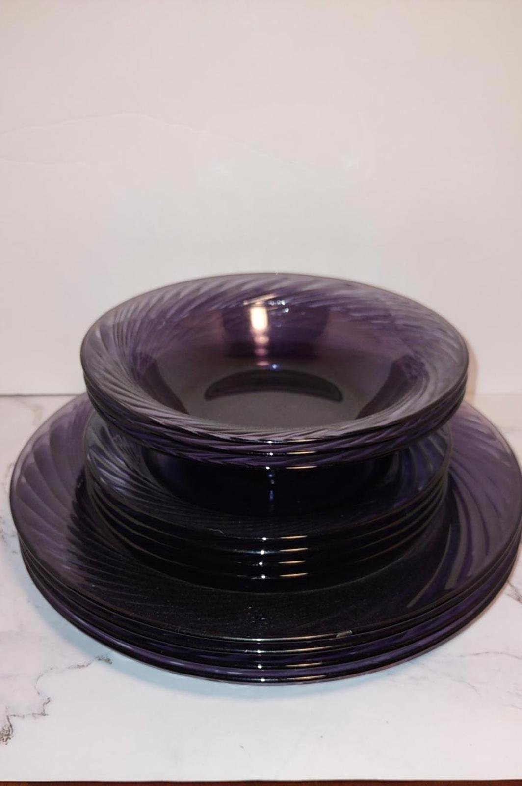 VTG Set Of 11 Pyrex Festiva Amethyst Purple Swirl Glass 4 Dinner 4 Salad 3 Bowls