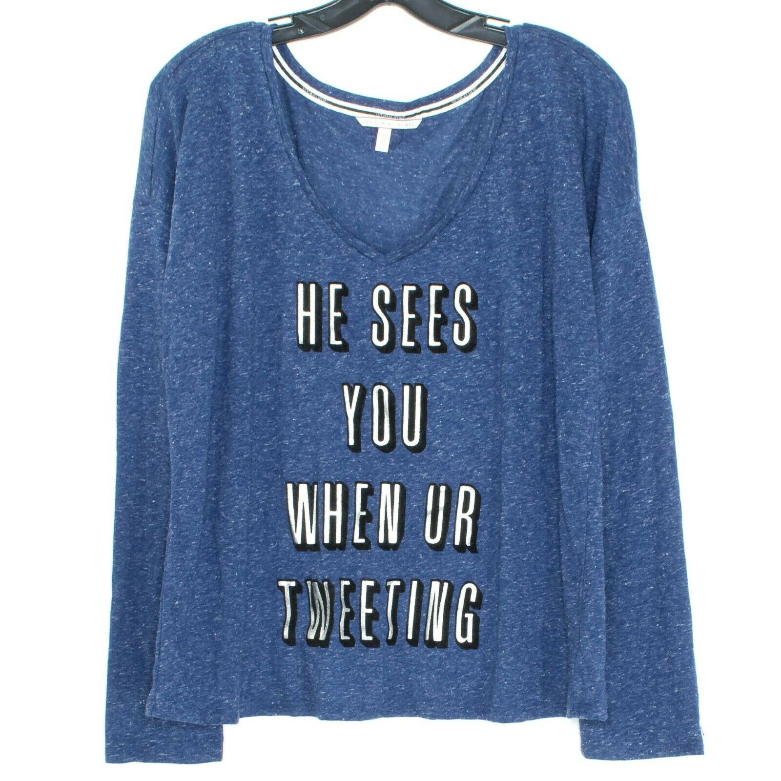 Victorias Secret Womens Top Sleep Shirt Long Sleeve Christmas Blue Size Large EZ