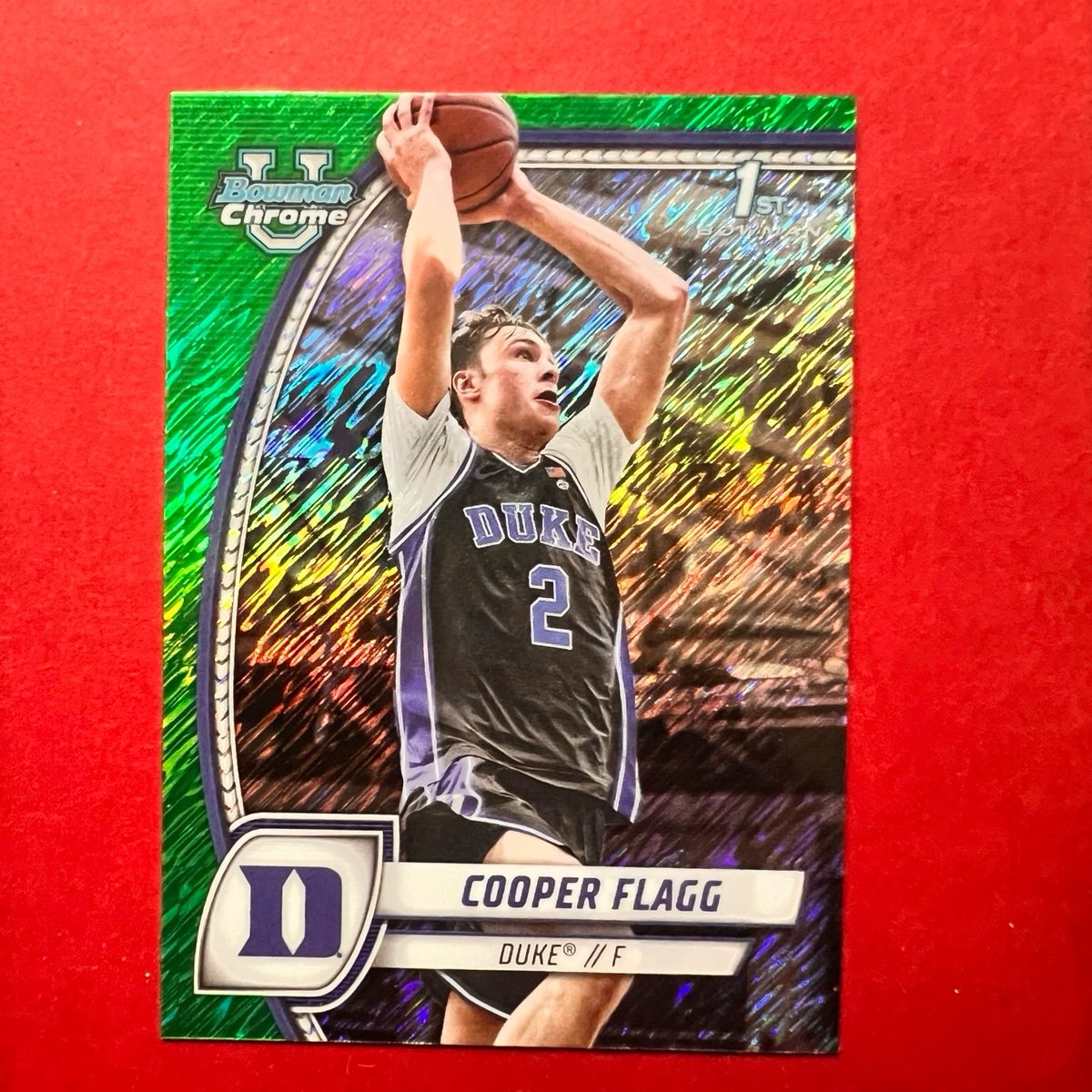 COOPER FLAGG 2024-2025 Bowman Chrome U Green Shimmer RC+ base of the same card.