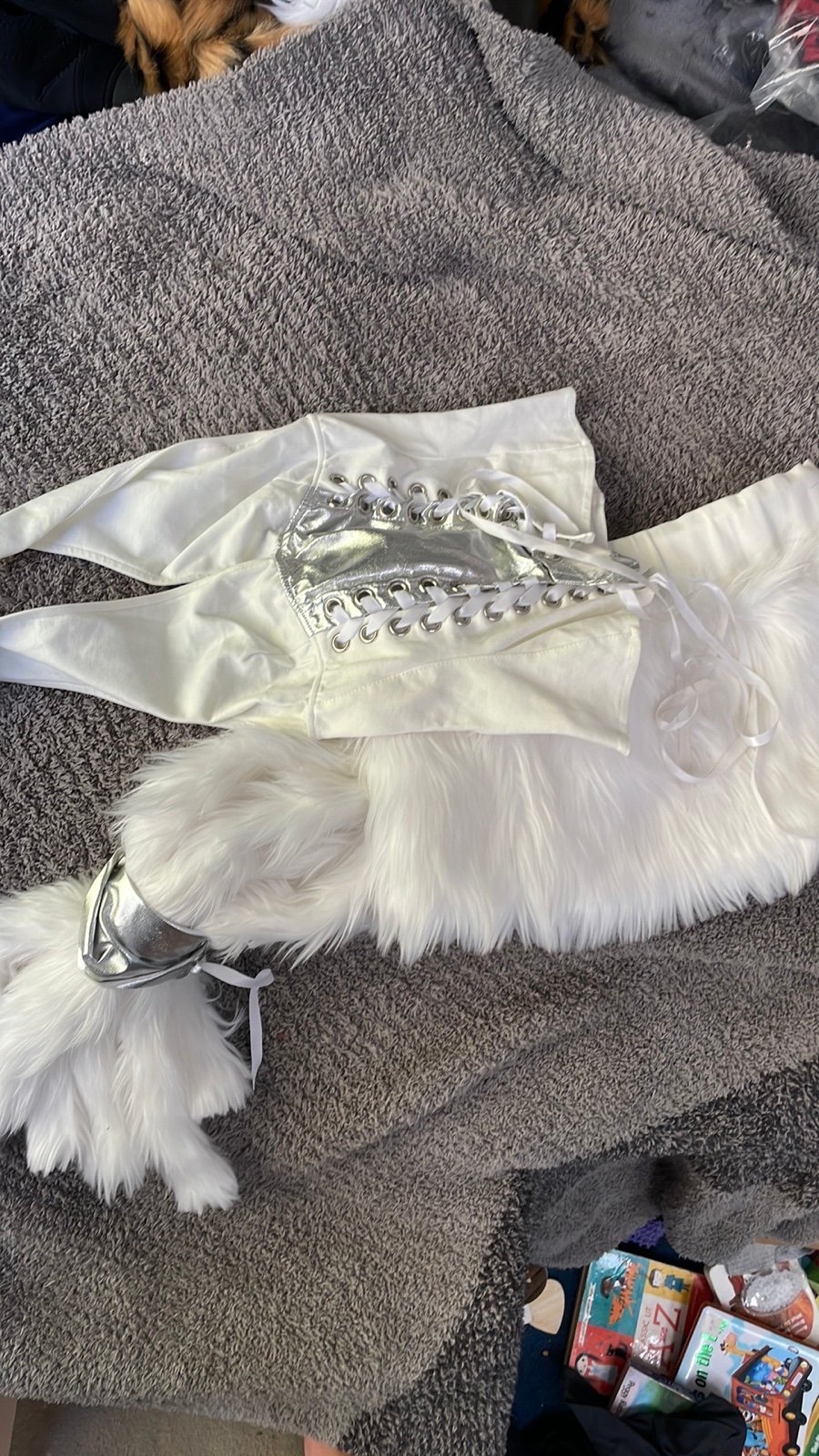 J Valentine whiteJ Valentine white fur skirt and corset costume Pegasus Unicorn