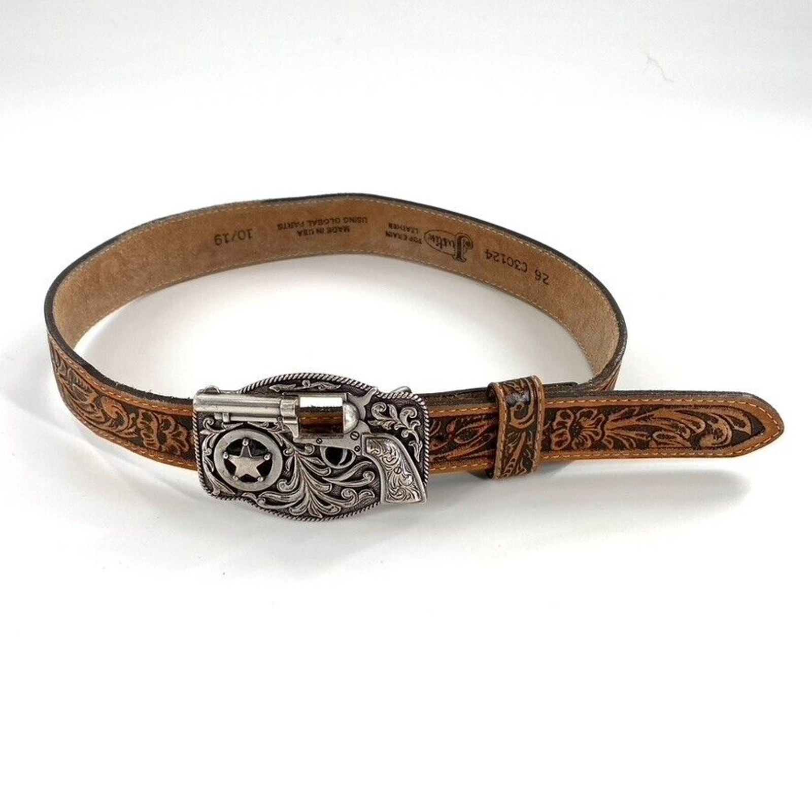 Justin Tooled Top Grain Leather Belt Sz 26 Brown Western Sheriff Revolver
