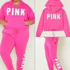 VS PINK Cinched Crop Campus Hoodie & Heritage Pant Sweatpants Set Atomic Pink L