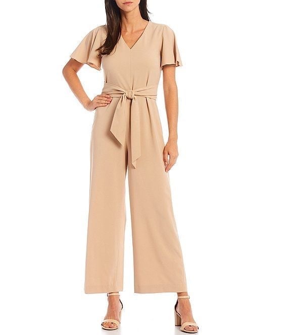 NWT Preston&York Kayla V-Neck Short Flutter Sleeve Tie Belt Jumpsuit Sz 10 Beige