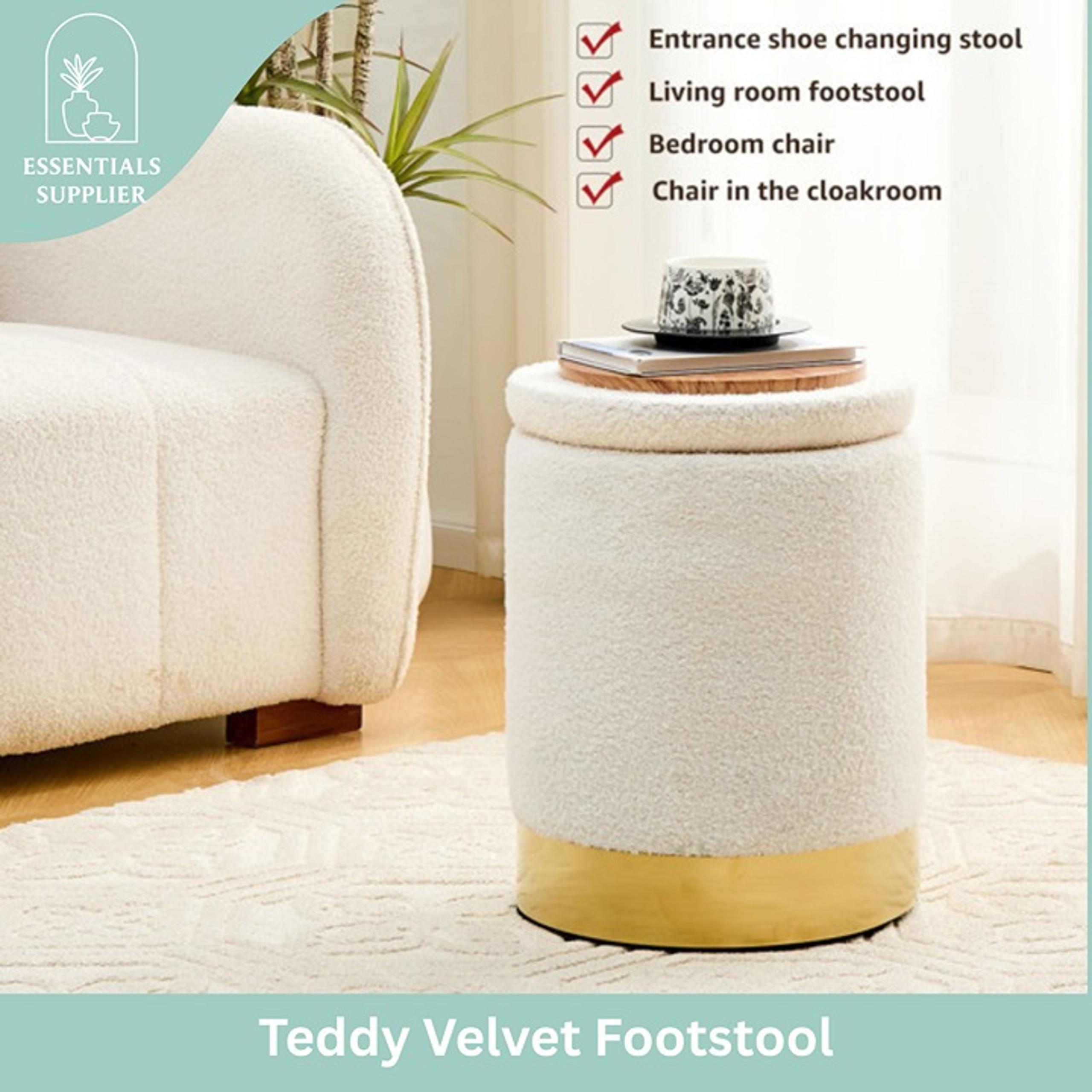Teddy Velvet Round Ottoman Stool with Storage, Padded Seat, Metal Base, White