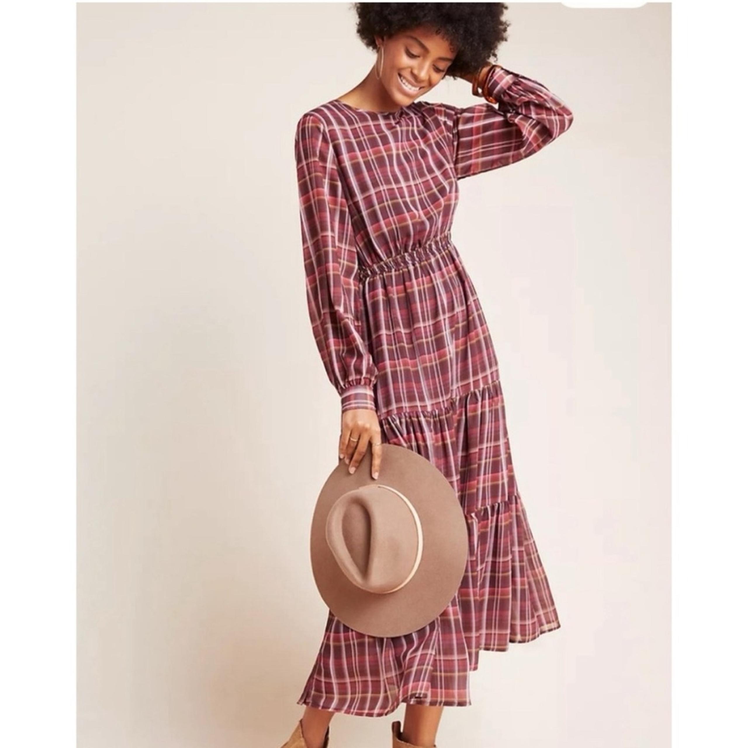 Anthropologie Dolan Shelter Burgundy Plaid Long Sleeve Tiered Maxi Dress M