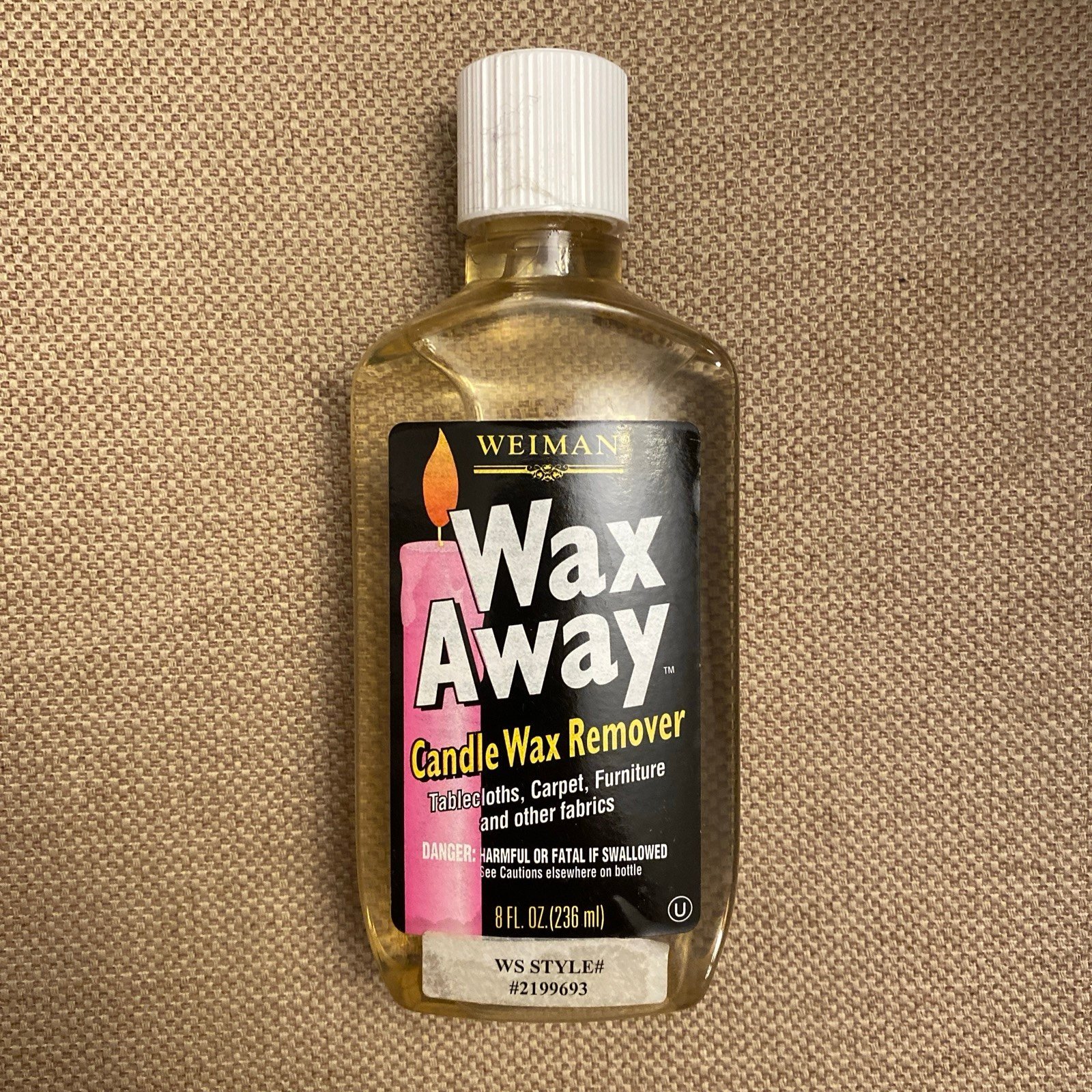 Weiman Wax Away Candle Wax Remover Fabrics 8 FL. OZ. White Cap Bottle Full Vtg