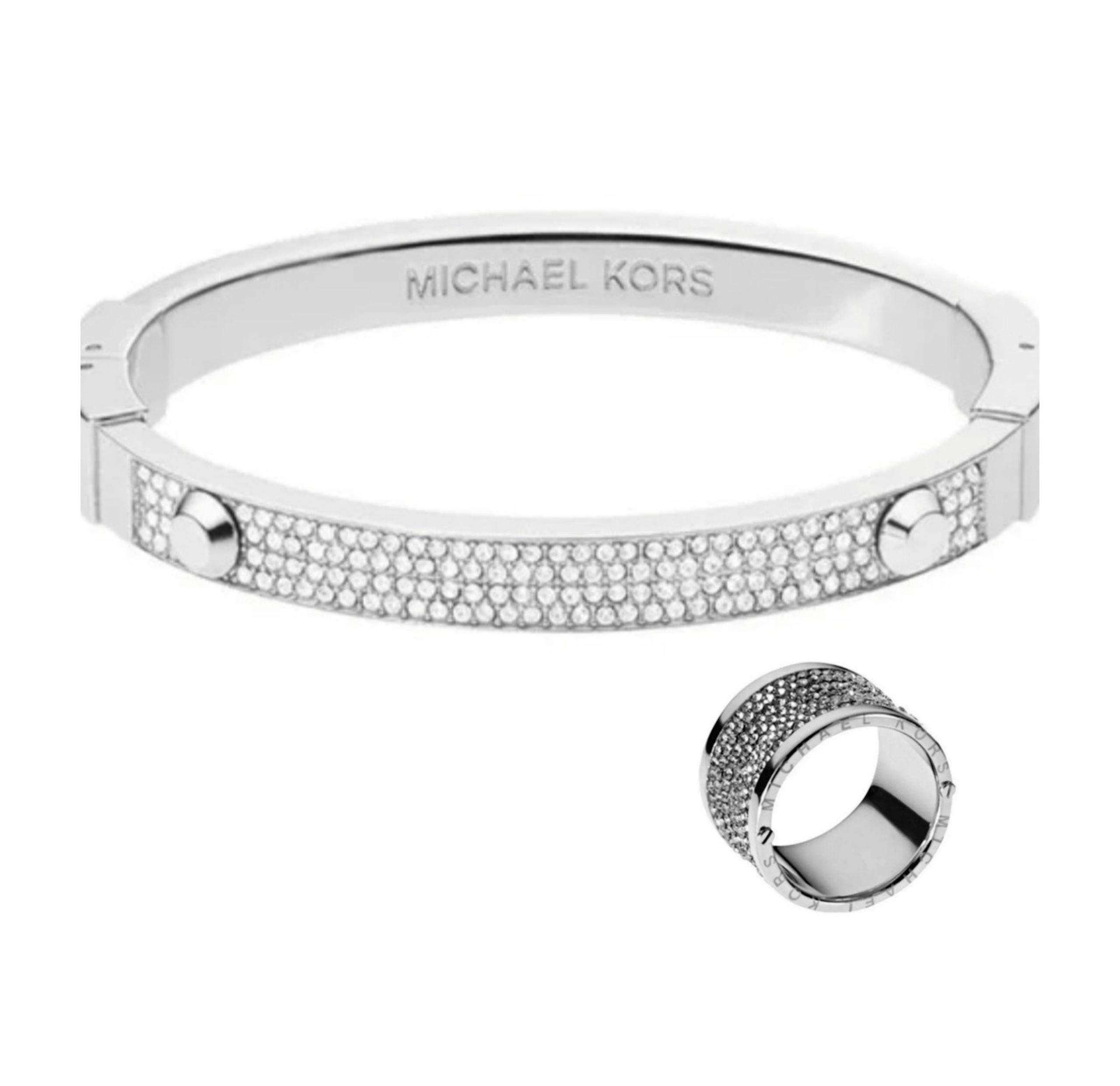 Michael Kors Vintage Silver Tone Pave Crystal Ring and Aster Stud Bracelet Set