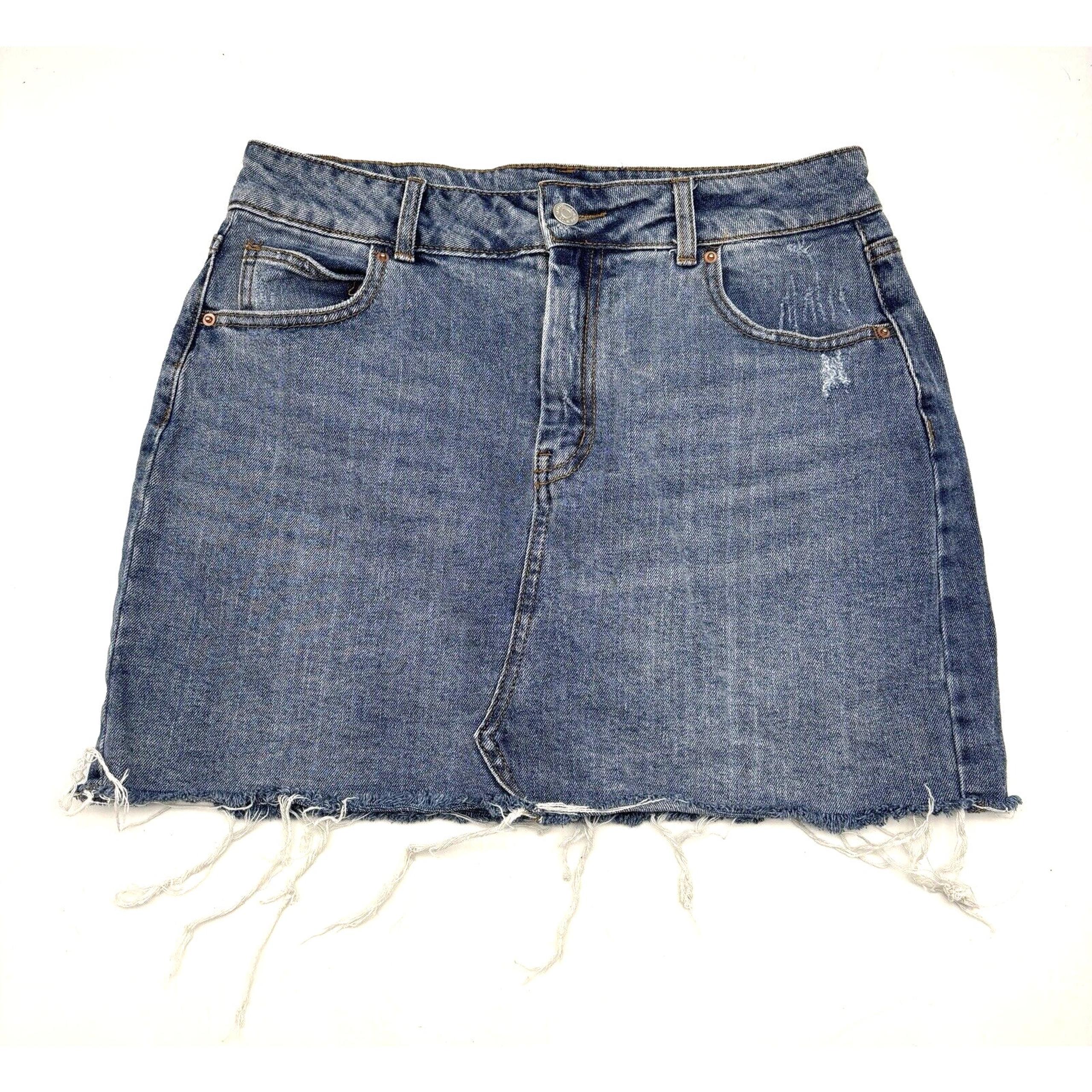 Wild Fable Medium Wash Mid Rise Raw Hem A-Line Denim Mini Skirt Size 8 29x14.5"