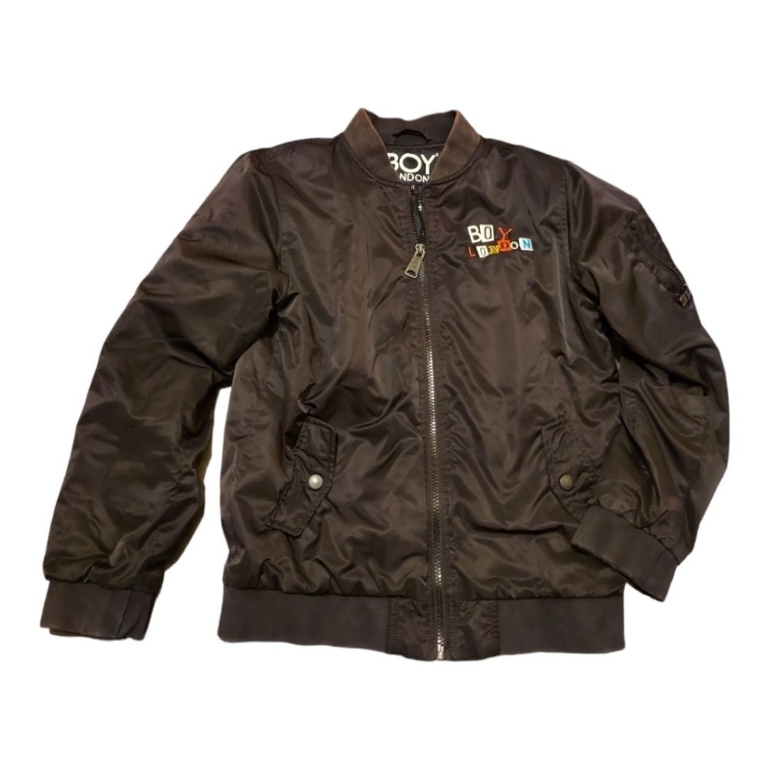 BOY LONDON BOMBER JACKET KIDS SIZE 11-12 ADULT SMALL BLACK EAGLE LOGO ZIP UP EUC
