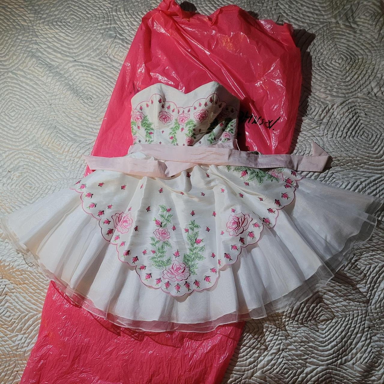 Betsey Johnson Women's White and Pink Strapless Tea Dress
