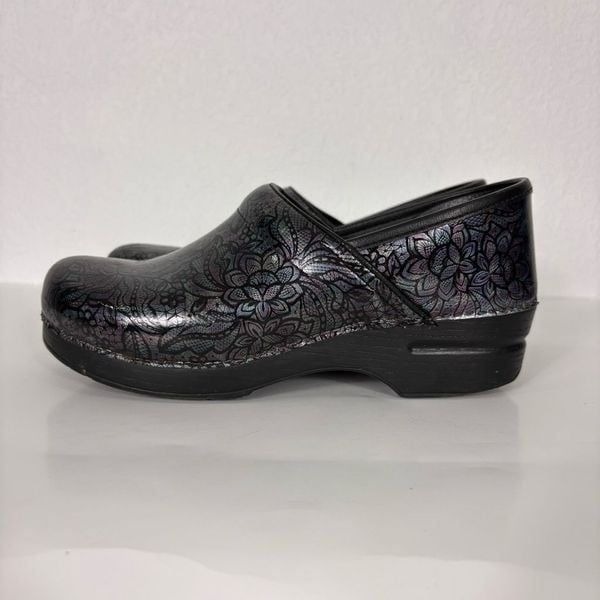 Dansko Blue & Purple Metallic Iridescent Mosaic Clog Shoes with Tropical Leaf Pr