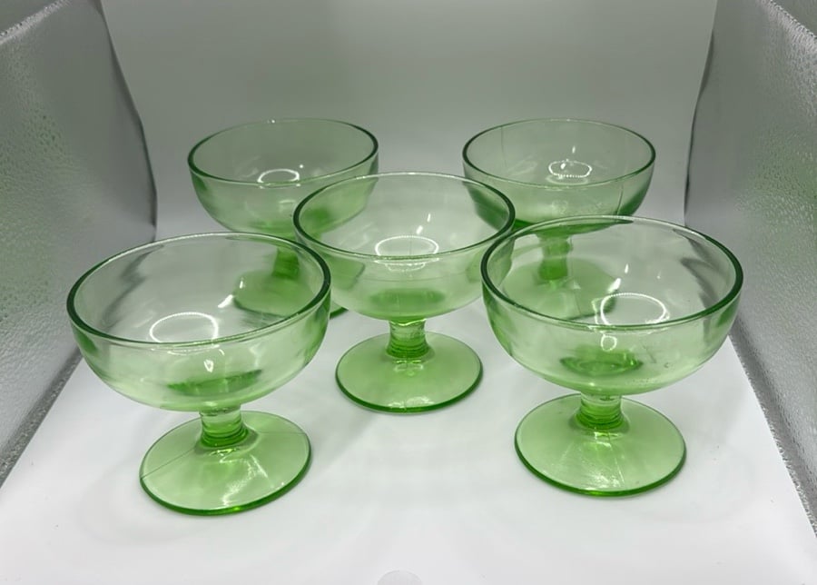 Green Uranium Glass Footed Dessert Bowls - Set Of 5, 3.5” diameter
