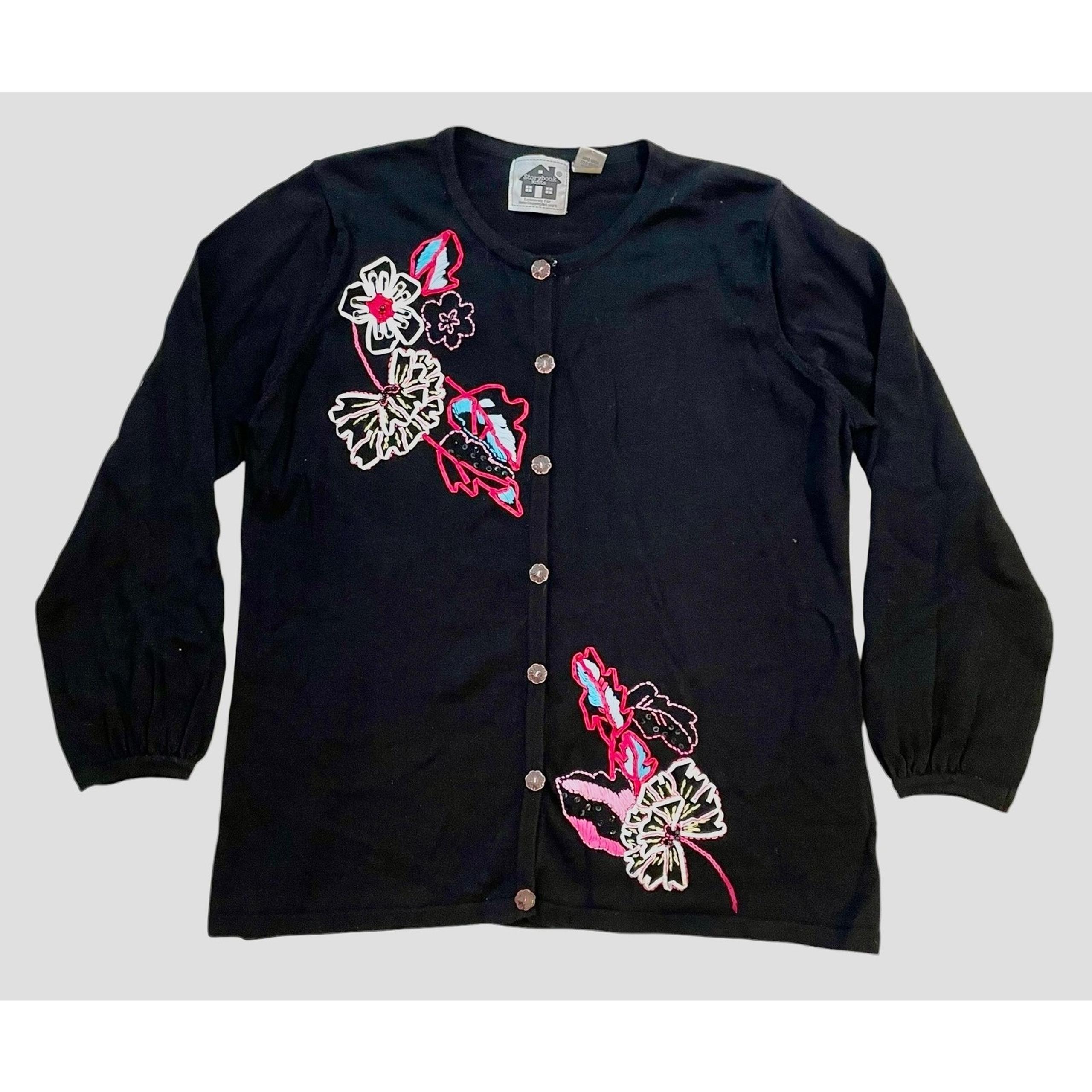 Storybook Knits Cardigan Womens 1X Black Artsy Floral Sequin Embroidered HSN