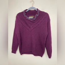 Eddie Bauer VTG Purple Shetland Wool Sweater Women's XS Embroider Shawl collar