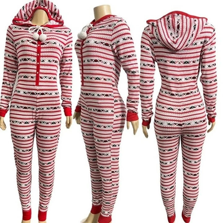 Victoria's Secret Women's Medium Striped Plaid Thermal Pom Pom Onesie
