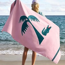 NWT LACOSTE Murphy Pink/Teal Palm Logo 100% Cotton Large Beach Towel 36” X 72”