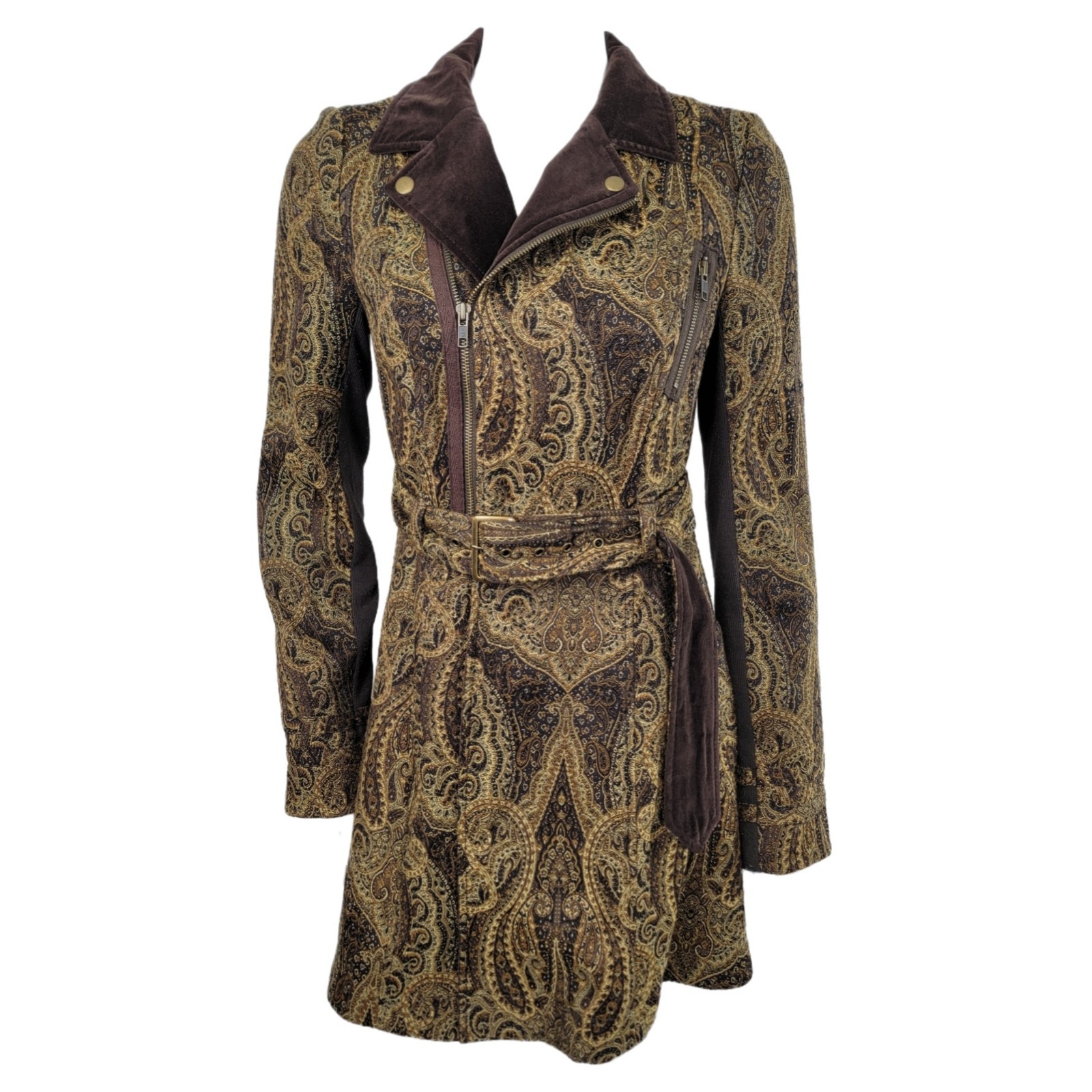 Free People Paisley Belted Renaissance Style Jacket Coat Brown Size 8 EUC