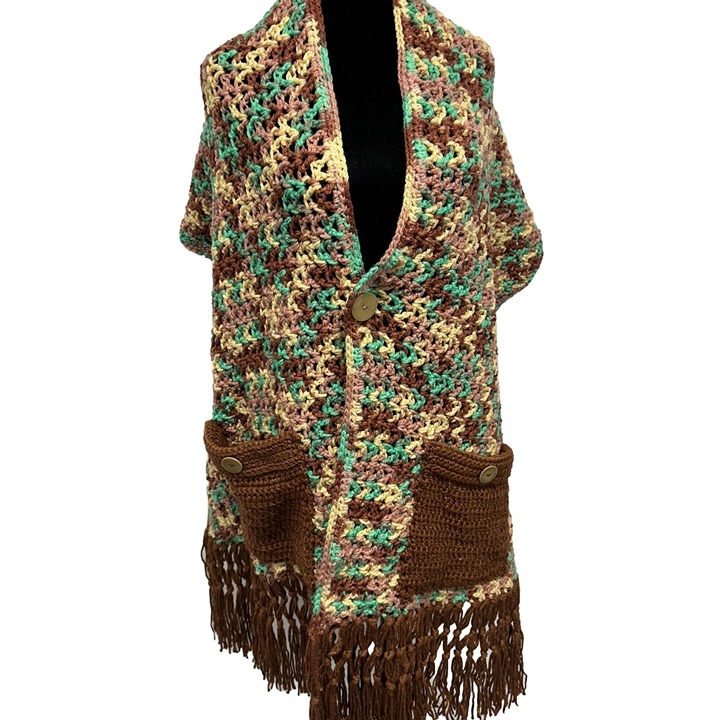 VTG Handmade Knit Crochet Poncho Fringe 70s Granny Brown Orange One Size