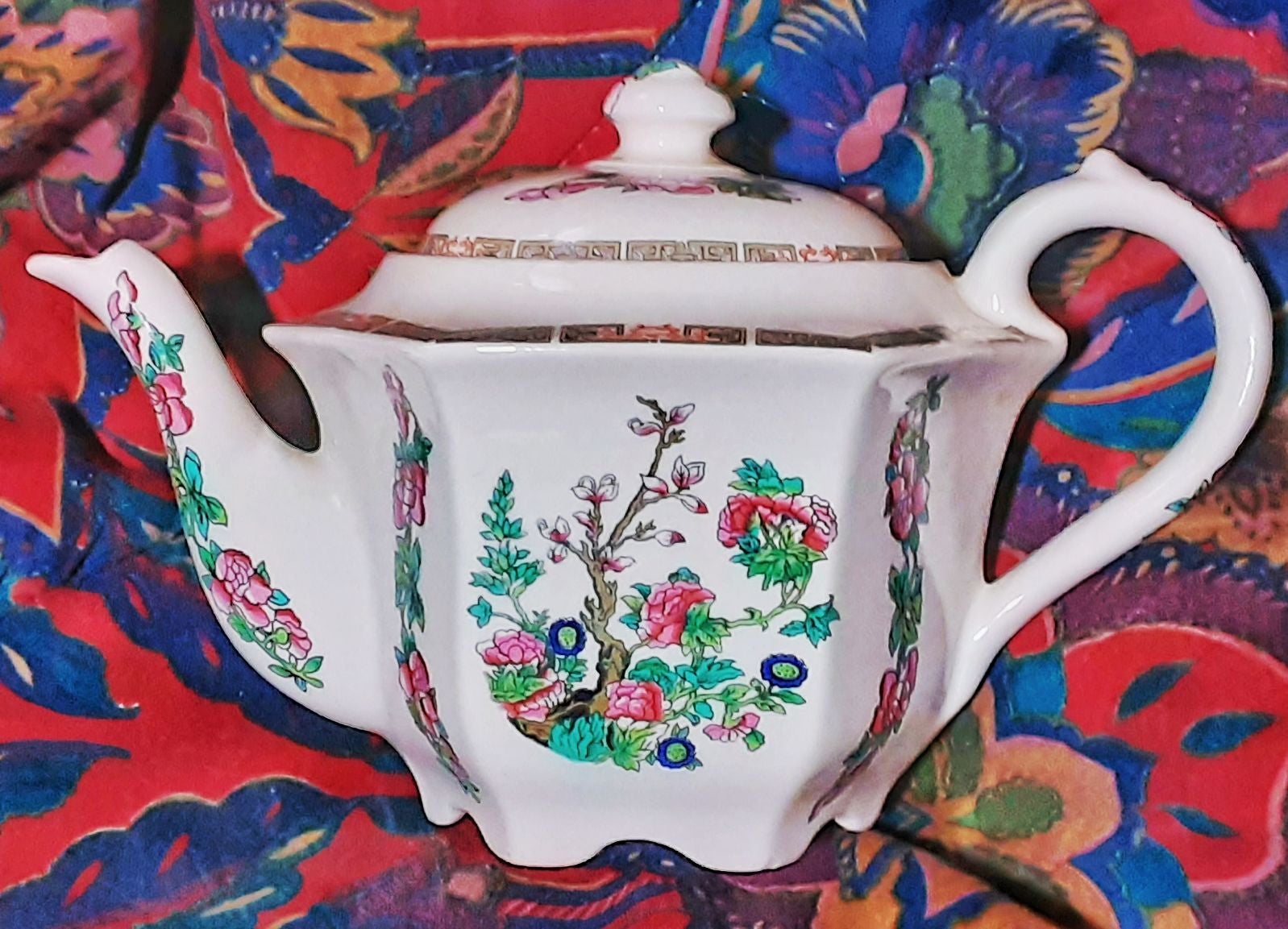Vintage Sadler hexagonal teapot w Indian tree pattern Asian Art cherry tree desi