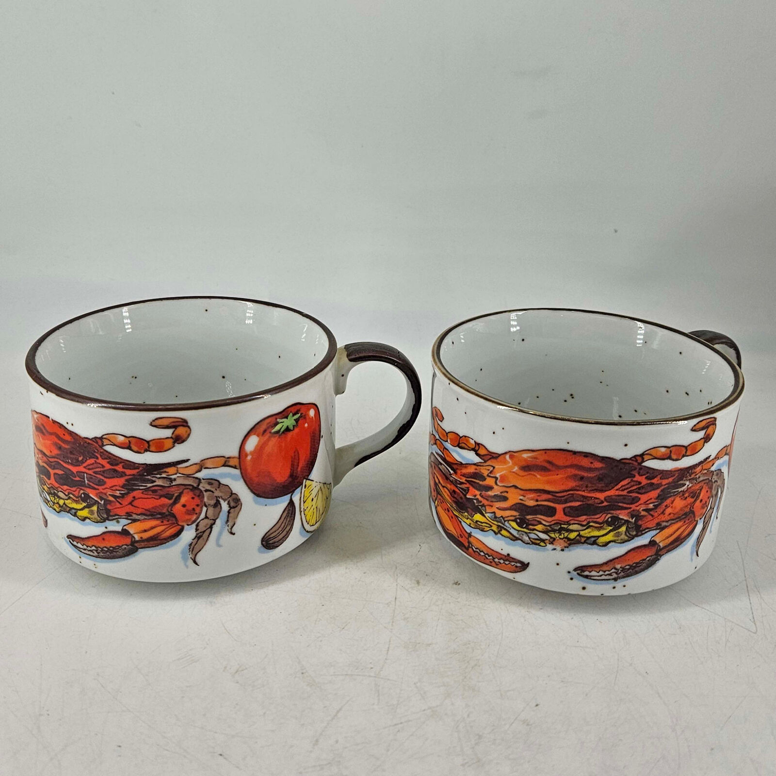 2 vintage D.H. Holmes Red Crab Stoneware single Handle Soup Chowder Bowls Japan