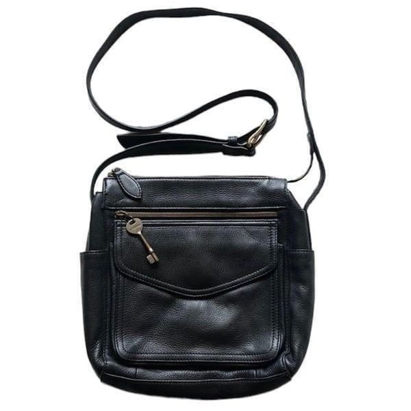 Vintage Fossil 1954 Black Leather Crossbody Organizer Bag 75082 Moto Biker Style