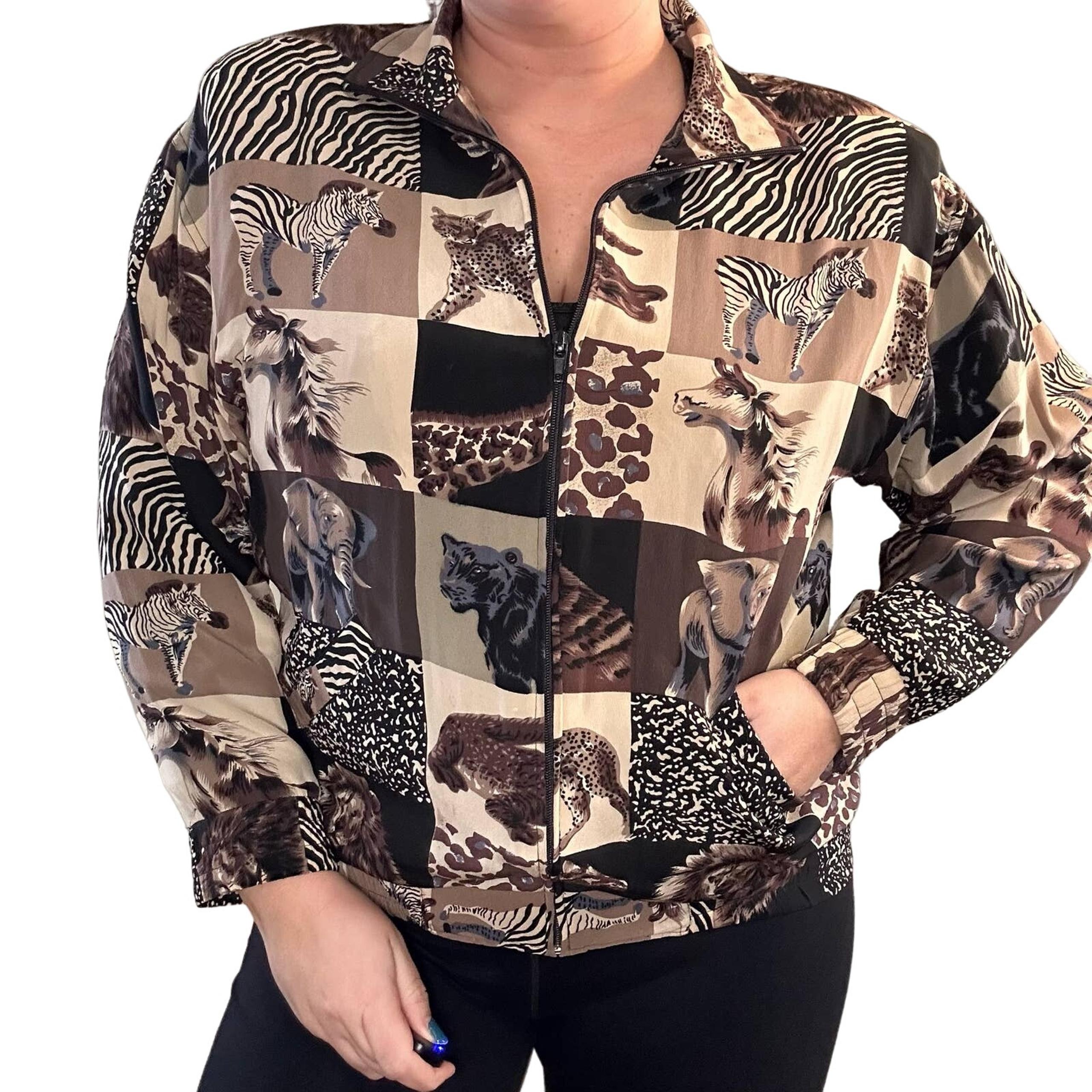 90s Vintage Bomber Jacket Animal Print Patchwork Silk Leopard Cheetah Elephant
