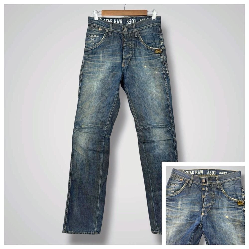 G Star Raw Jack Pant Denim Jeans Mens 28x34 Distressed Button Fly KBWG 100 Italy