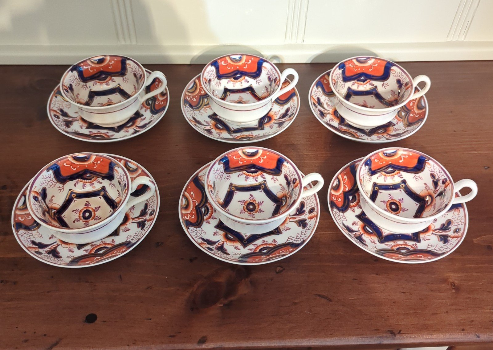Set of 6 Antique English Gaudy Teacups and Saucers Bone China