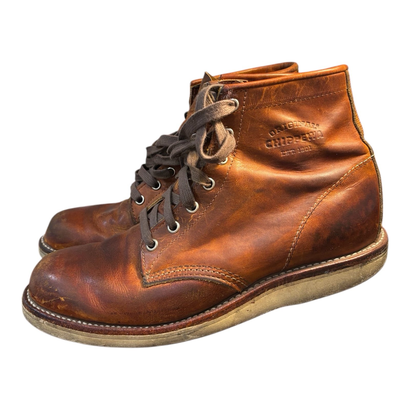 Vtg CHIPPEWA Work Boots Chukka Vibram US 8.5D Brown Leather Handcrafted in USA