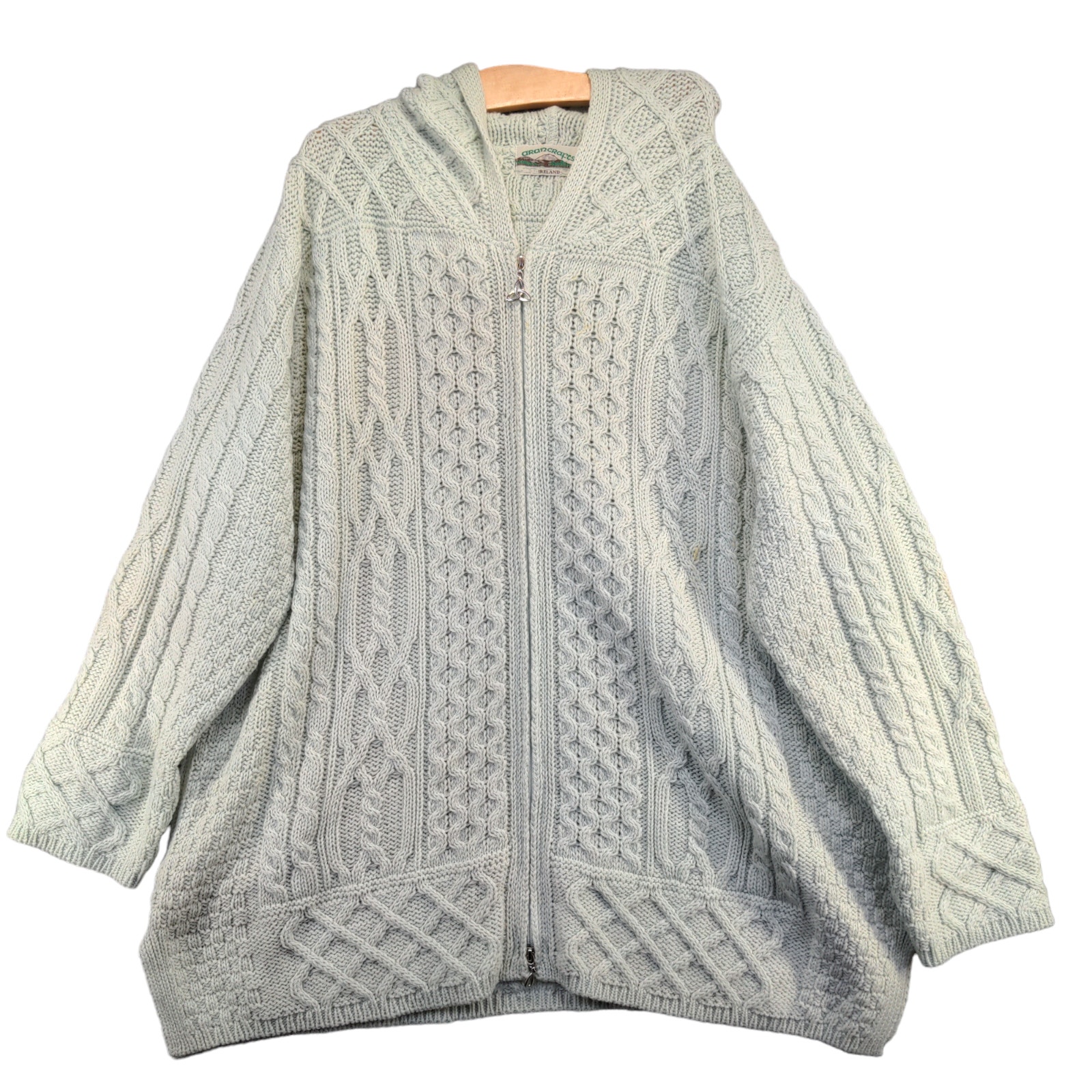 Aran Crafts Women's Zip Up Hooded Tunic Sweater Green XXL Cable Knit Merino Wool