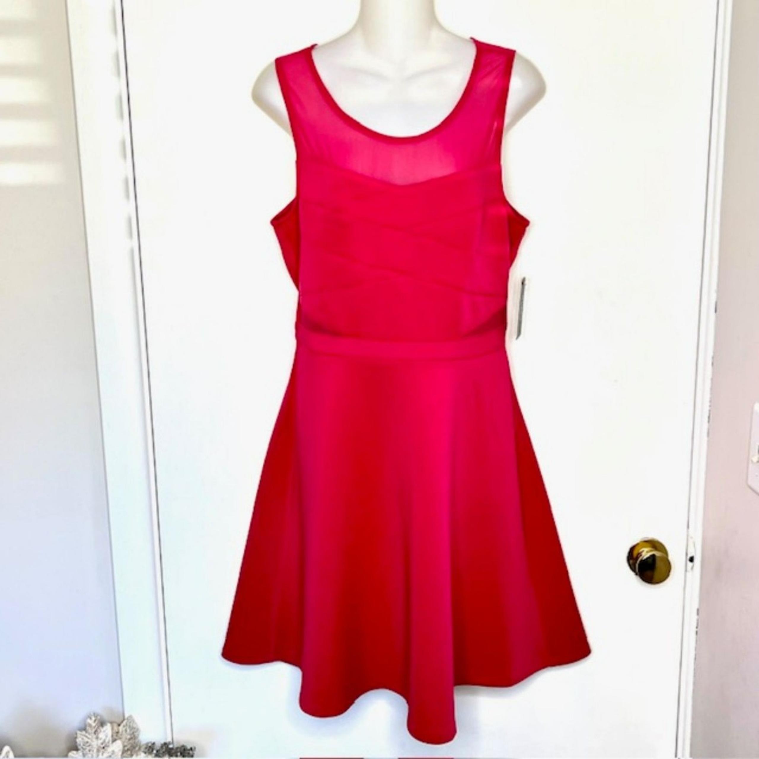 NWT GUESS "RITA" ROSE RED SKATER DRESS MESH CUTOUTS SIZE 10