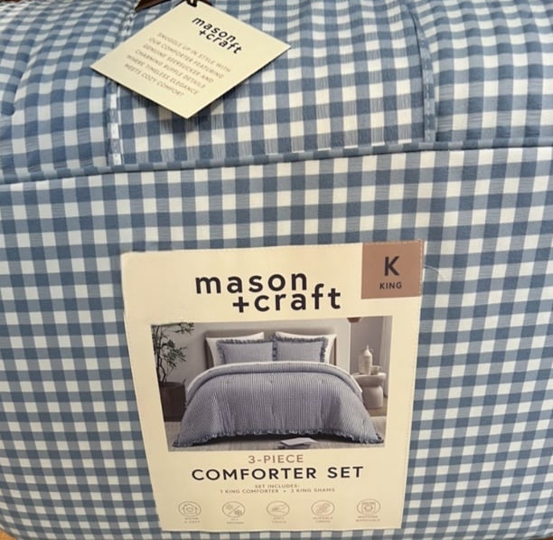 Mason + Craft 3 Piece Blue and White Checkered King Comforter Set 106”x90”