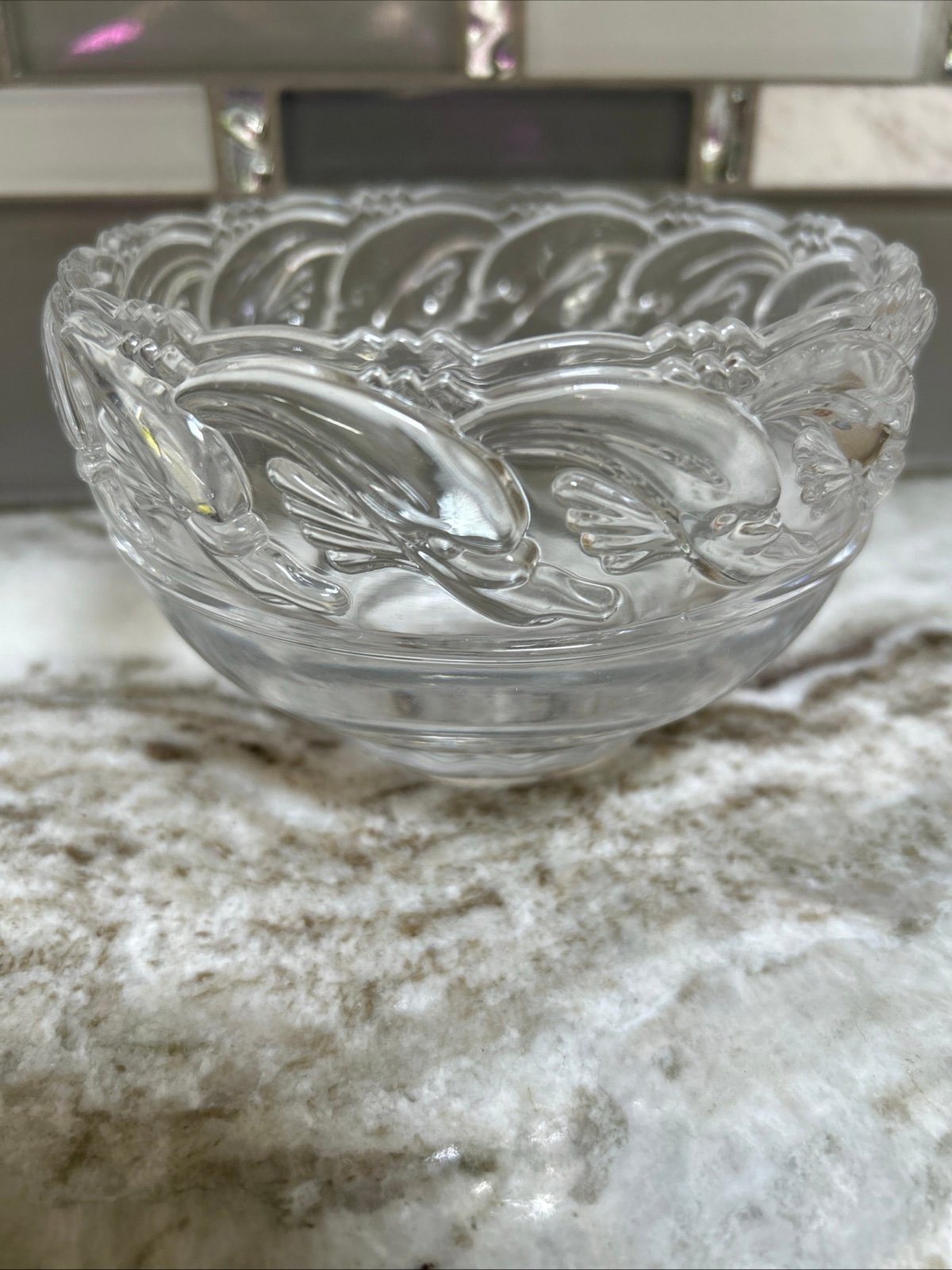 VINTAGE TIFFANY & CO. Crystal Dolphin Bowl Signed & dated .5 inch mint condition