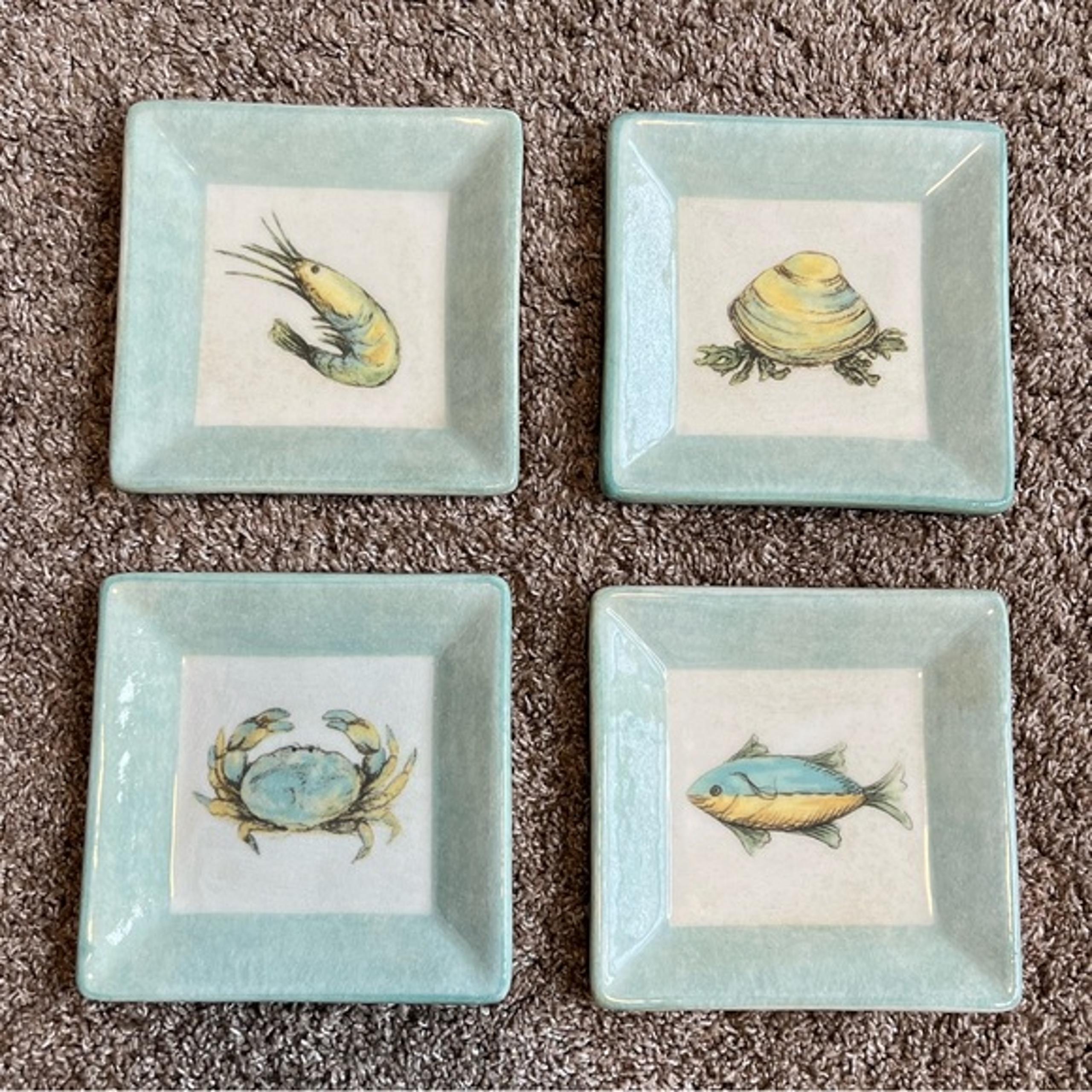 Williams-Sonoma VTG Blue White Verona Tile Sea Life Small Appetizer Plates Set 4