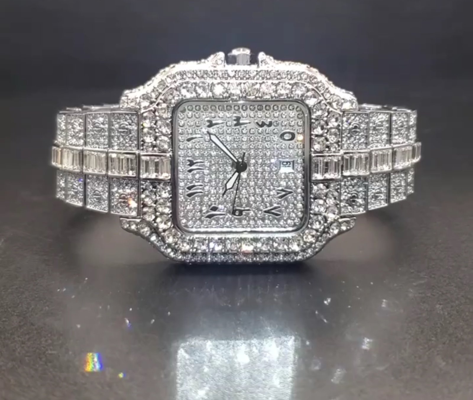 Men's Moissanite BustDown Silver Arabic Dial - Square
