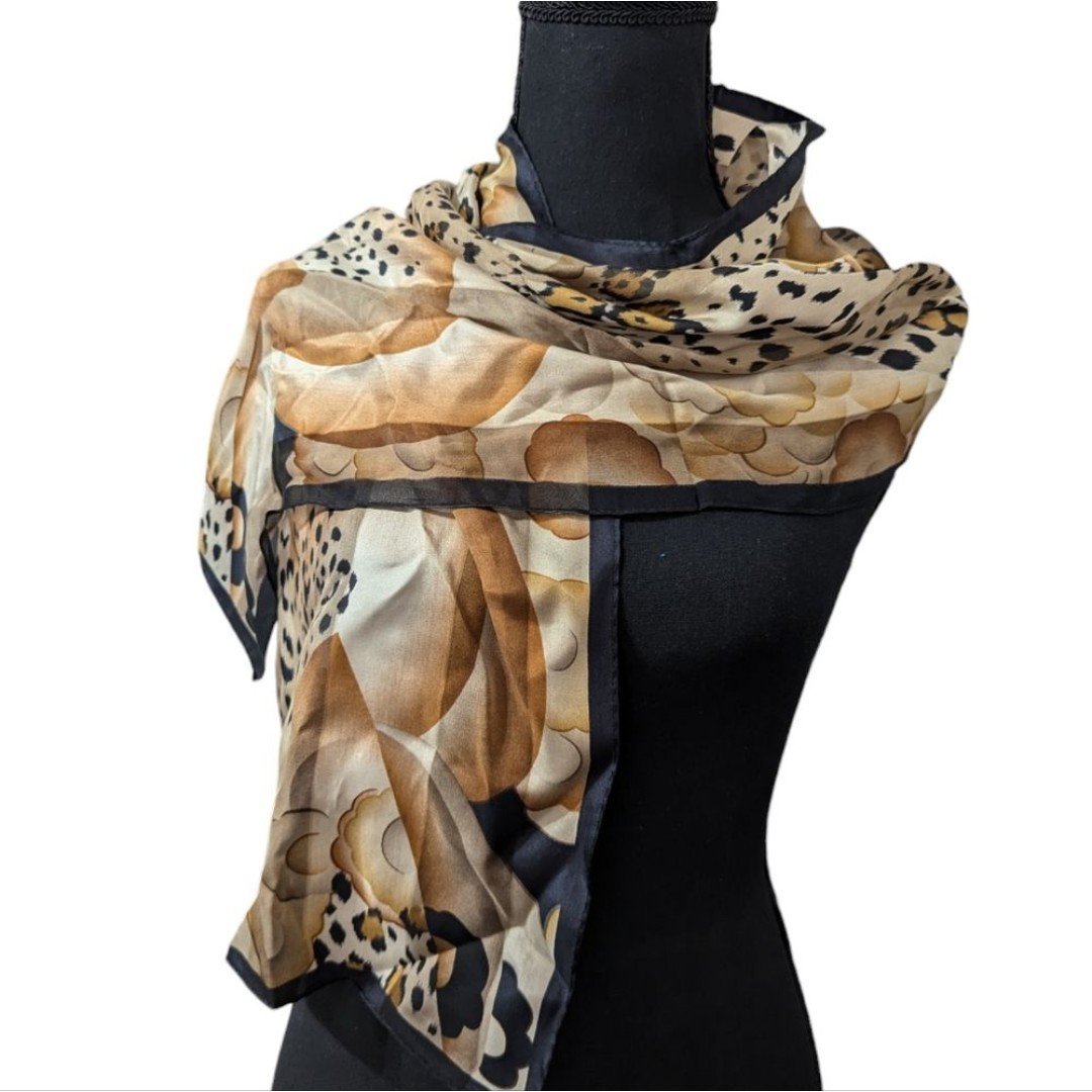 Vintage Oscar de la Renta SILK Neutral Rectangle Animal Print Floral Print Scarf