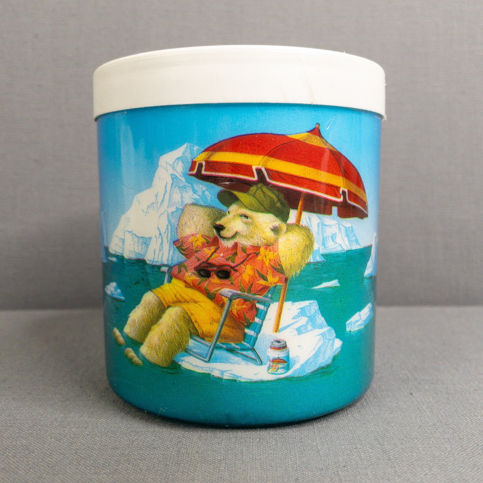 Vintage “The Fridge - Cools Like Ice” polar bear on beach koozie / can cozy