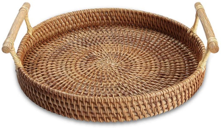 Hadewoven Round Rattan Serving Tray with Handles, Woven Basket, Food Serving