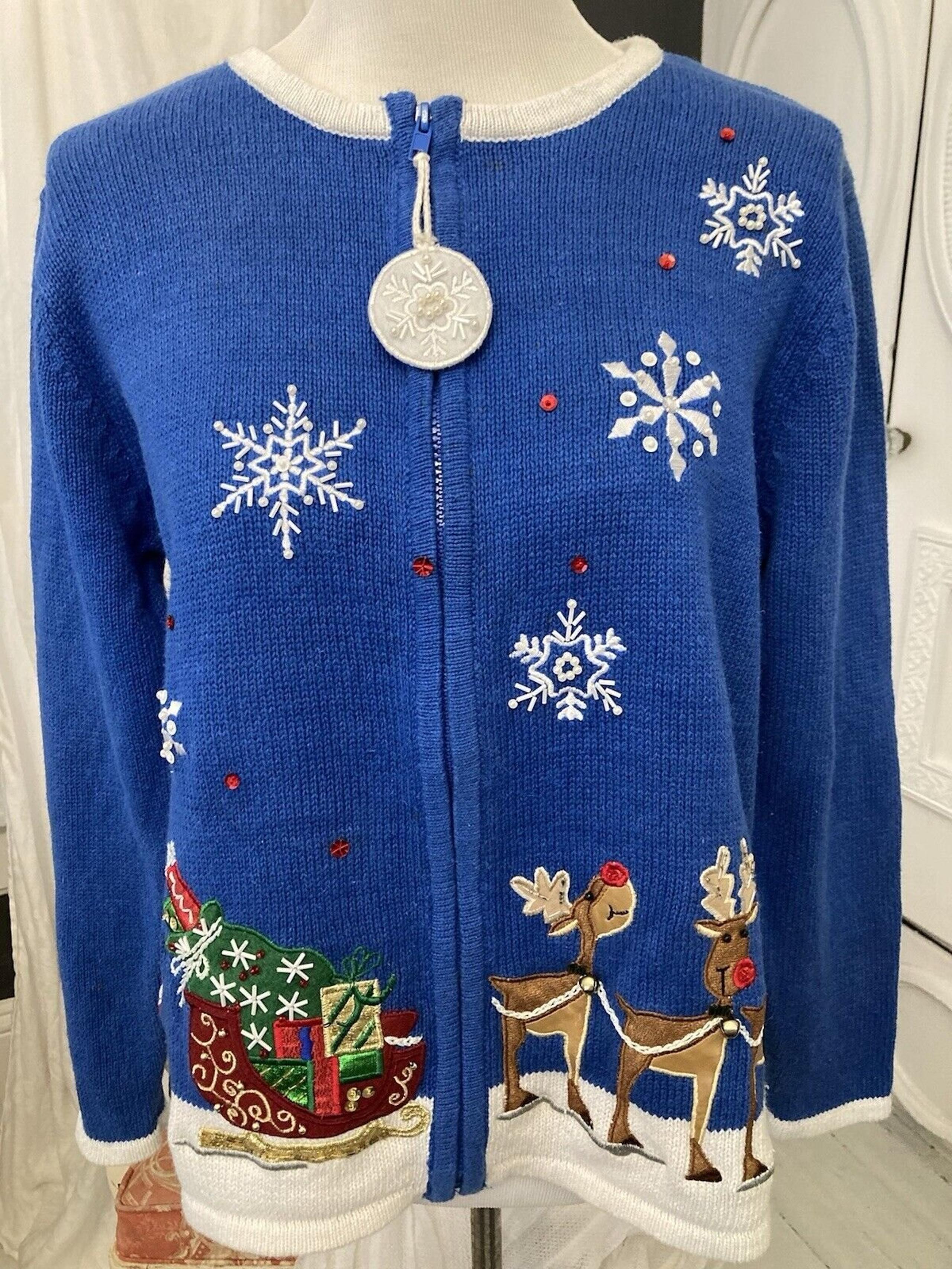 Christmas Cardigan Sweater XL Blue Zip Up  Santa Deer Bells Sequins Dressbarn