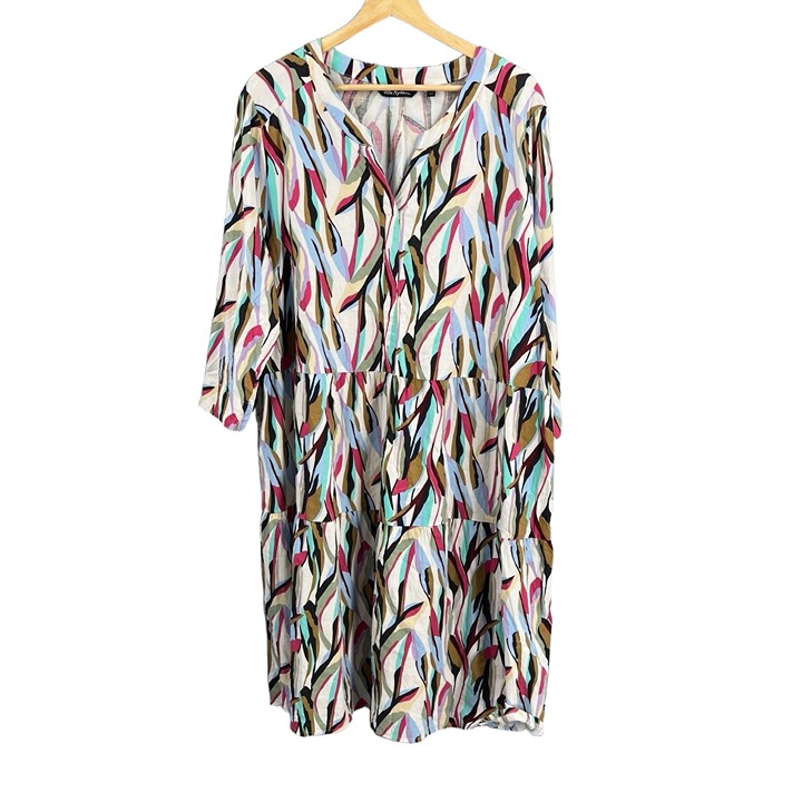 Ulla Popken Linen Blend Tiered Dress Multicolor Print Summer Resort Size 18/20