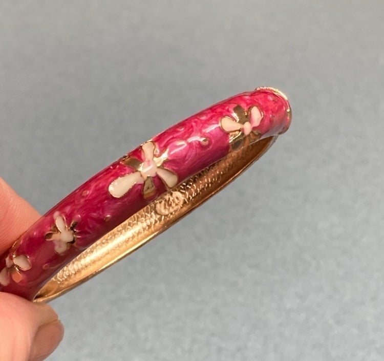 Vintage Estate Signed Stamped 18K Gold Pink Floral Designer Open Bangle Bracelet