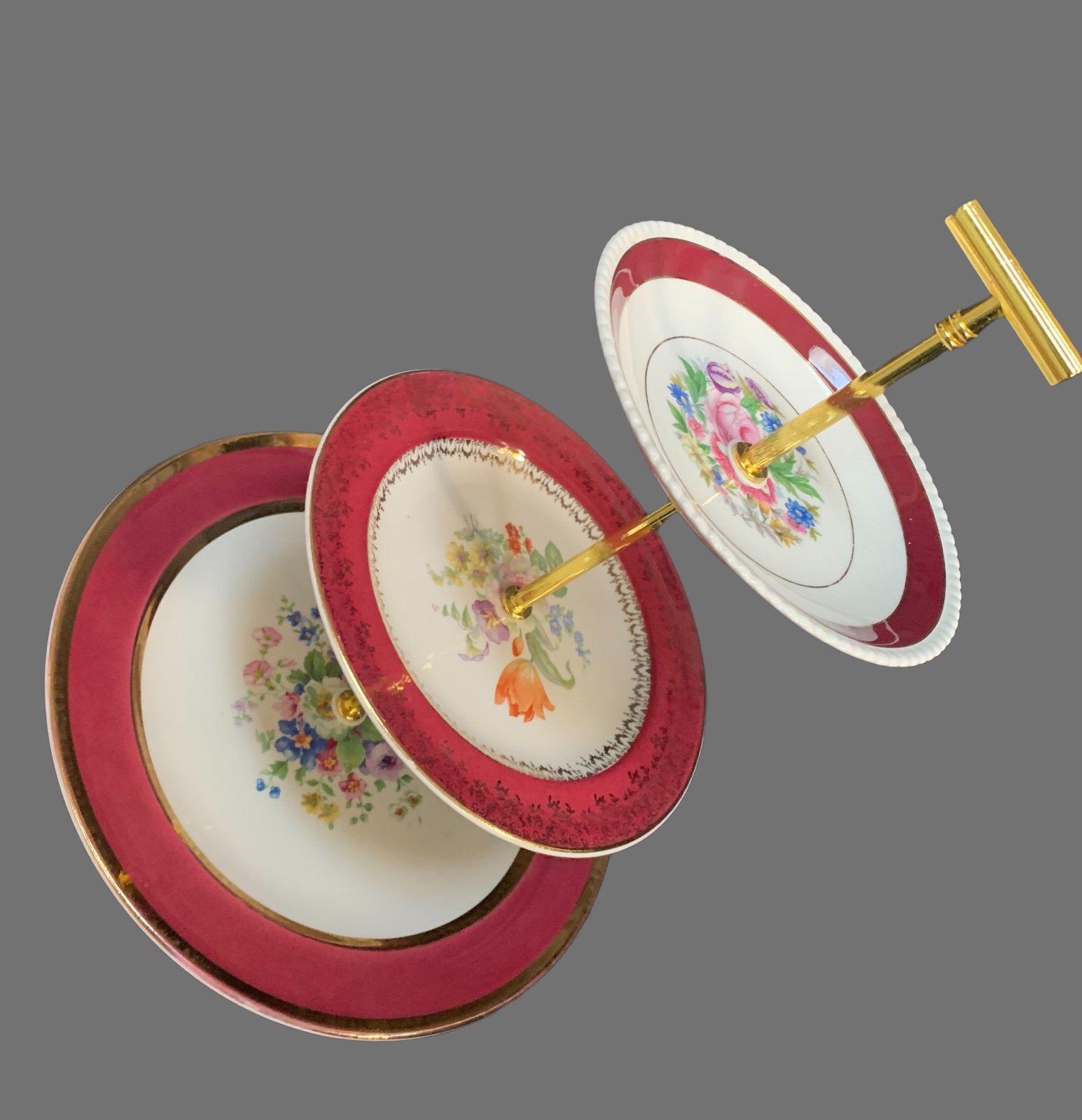 415, Vintage three tier cake stand, maroon and gold florals, lovely gold trim