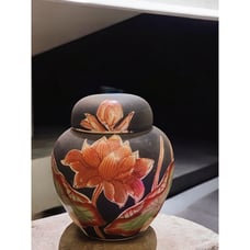 Decorative Floral Ginger Jar Vintage Porcelain Lotus Black 1940s-60s