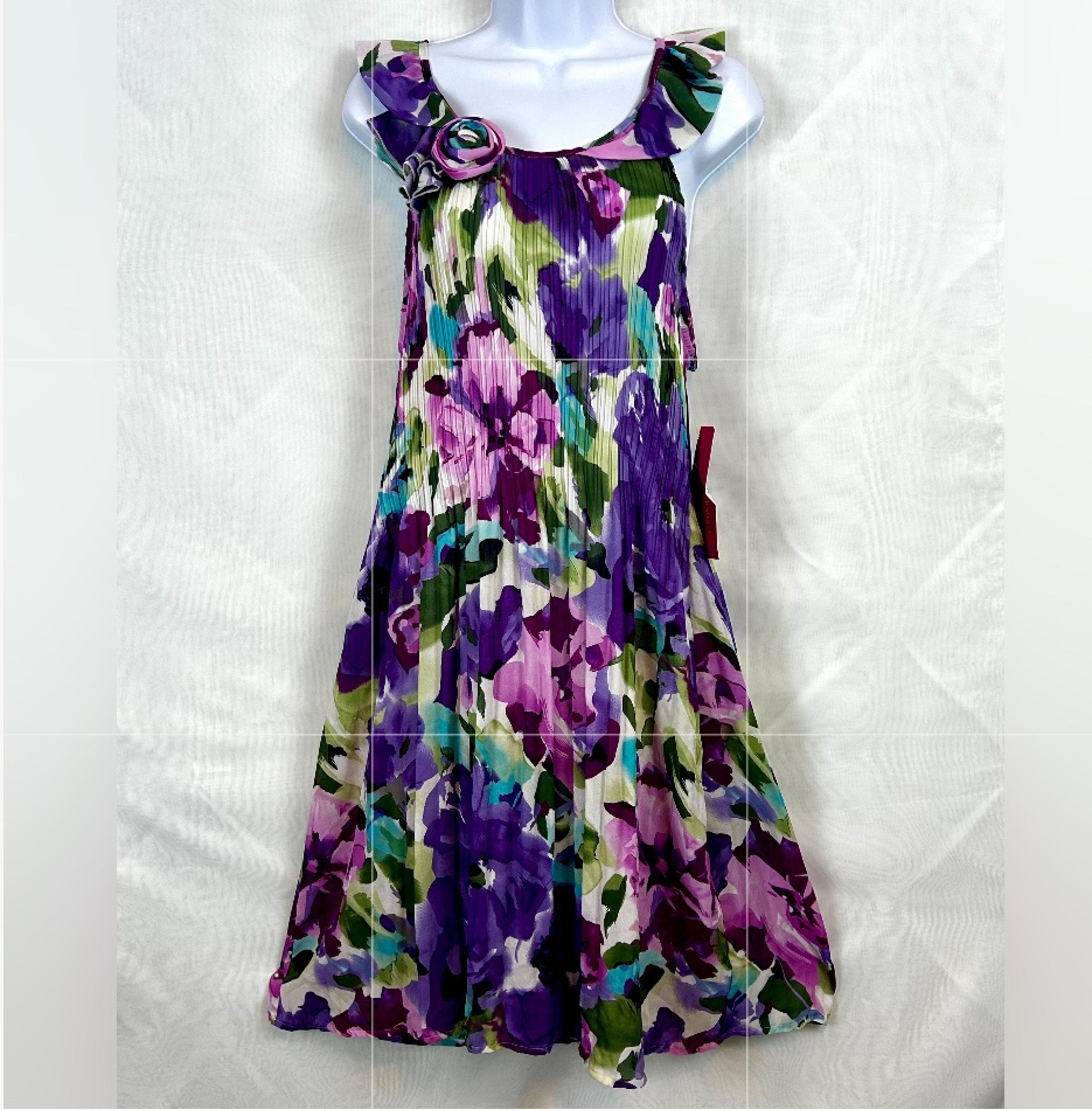 NWT Sunny Leigh Purple Floral Sleeveless Pleated Dress / XL