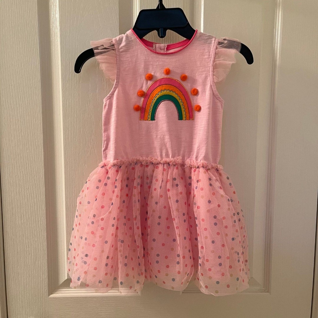 Mud Pie Pink Rainbow Applique Mesh Tulle Dress Pom Pom Girls Size M 2T-3T NWT