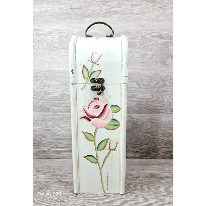 Vintage Wooden Rose Floral Wine Bottle Storage Gift Box Case Holder 14 x4.5