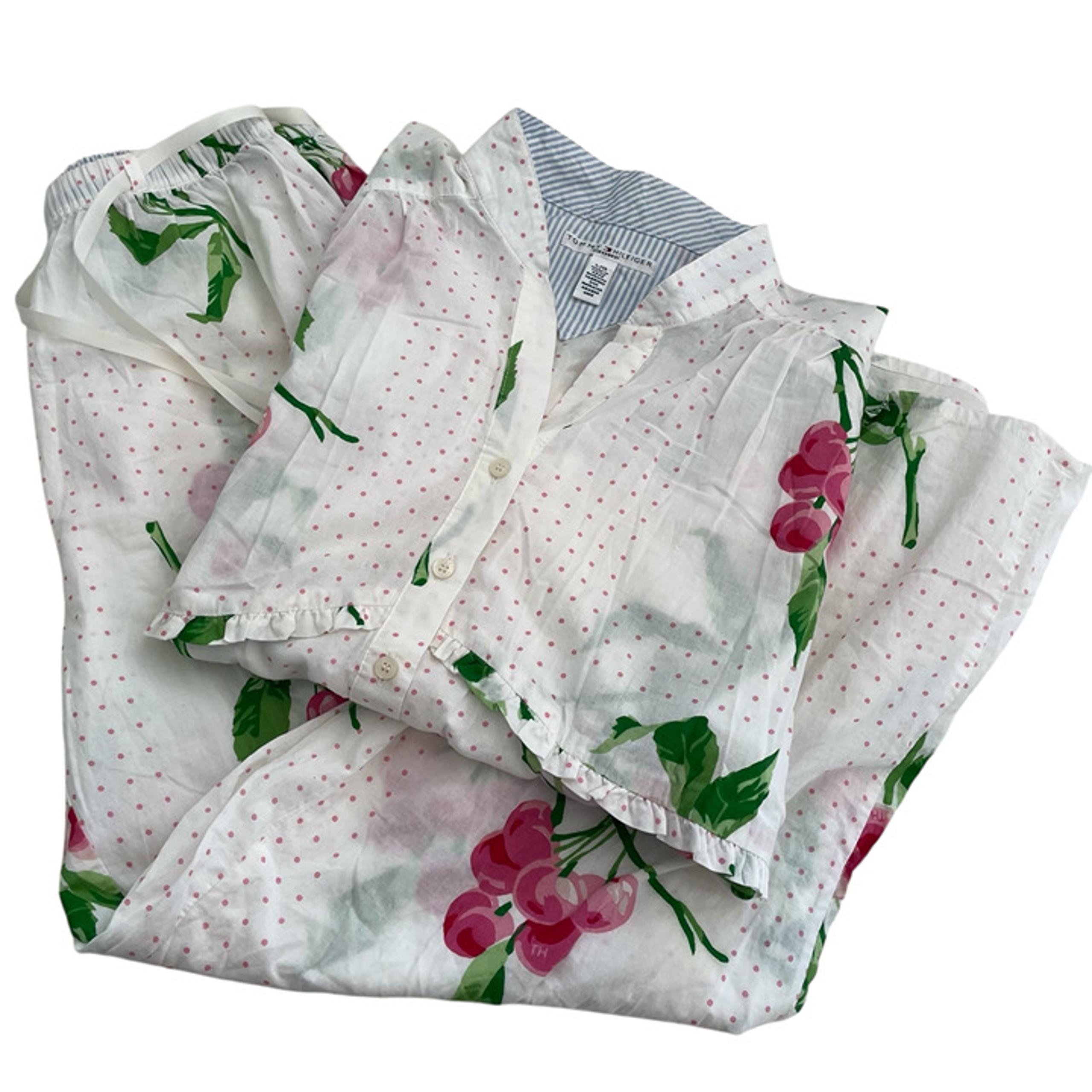 Vintage Y2K Tommy Hilfiger Pajama Set L White Polka Dot Cherry Print Top & Pants